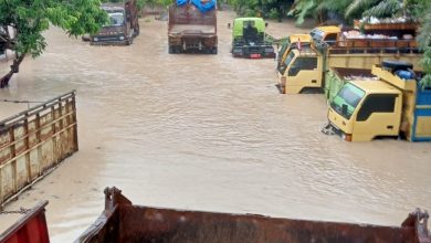 Photo of Hujan Deras, Puluhan Truk Terendam Banjir di Galang